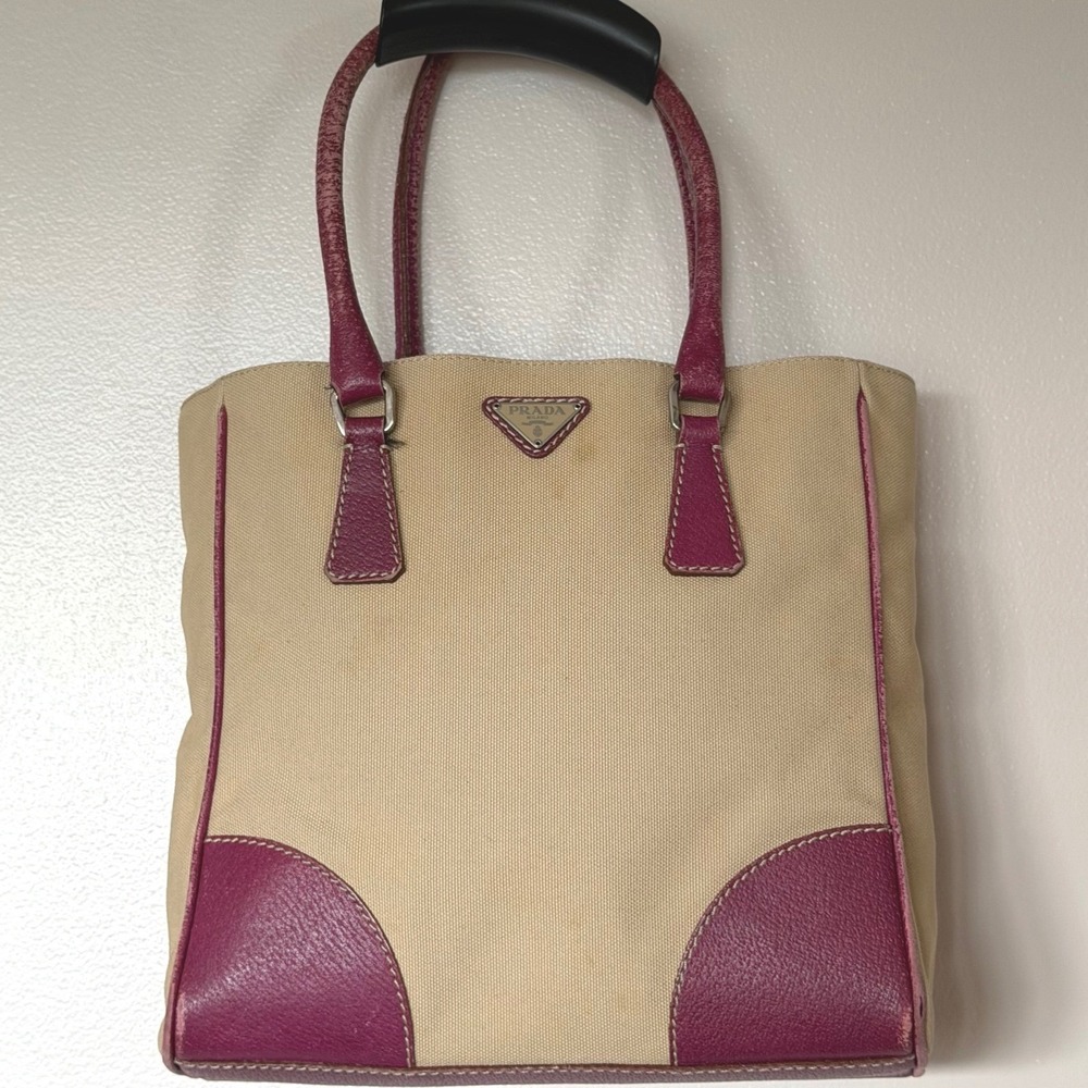 Prada Vintage Beige Magenta Tote Bag Luxury Minimalist Leather Medium
